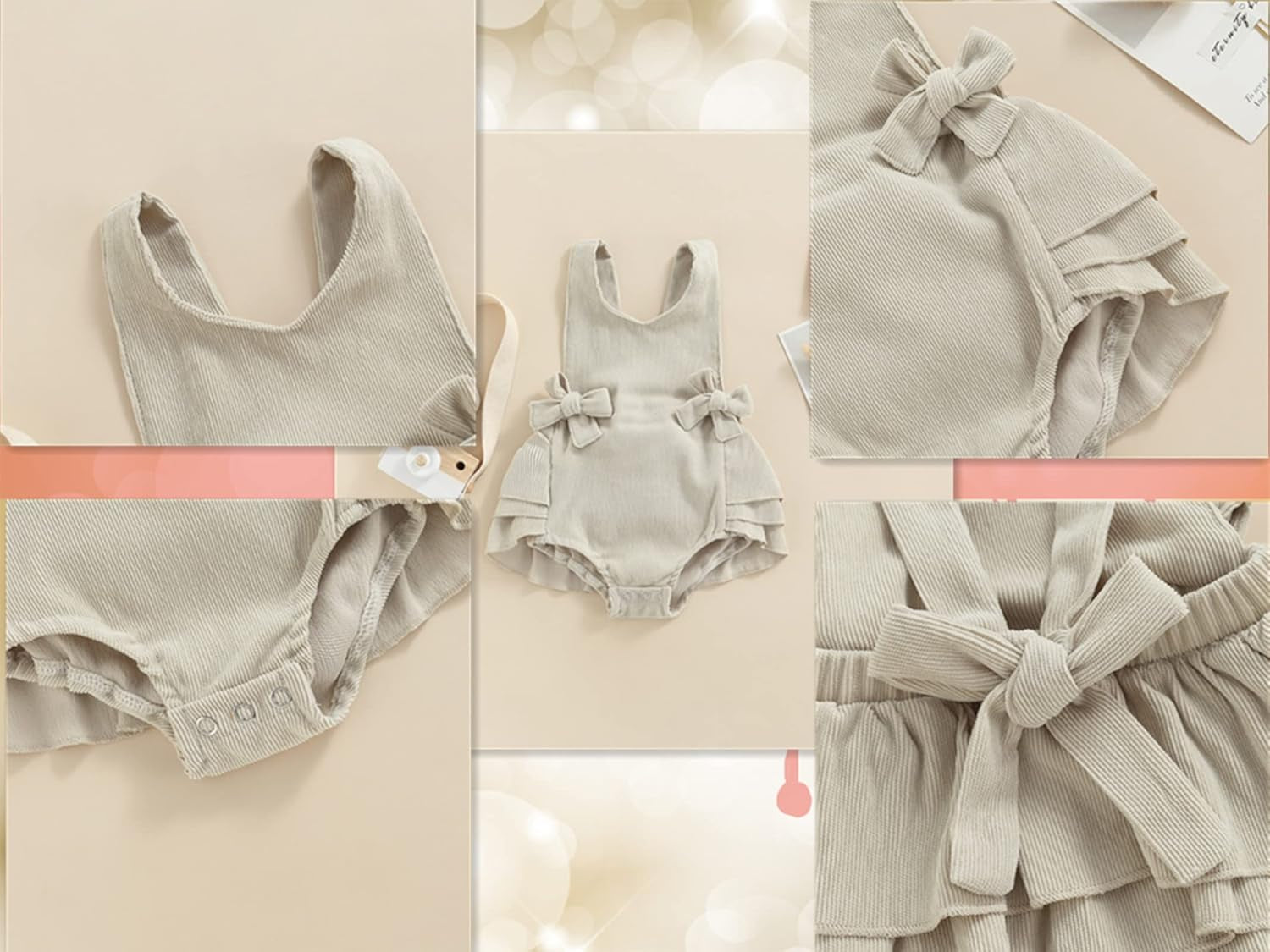 Newborn Baby Girl Corduroy Romper Summer Ruffle Sleeveless Backless Jumpsuit Bodysuit One Piece Outfit (Corduroy Romper Beige, 0-3 Months)